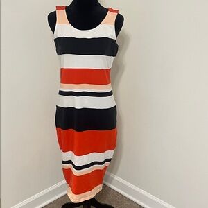 Striped Sleeveless Dress - faded navy blue, dark salmon, light pink, White